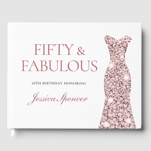 Rose Gold Sparkle Dress 50th Birthday Party Guest Book (Front)