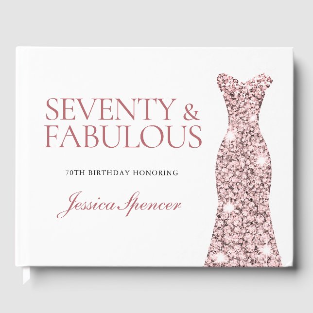 Rose Gold Sparkle Dress 70th Birthday Party Guest Book (Front)