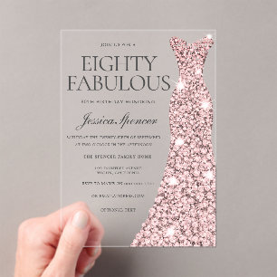 Rose Gold Sparkle Dress 80th Birthday Acrylic Invitations