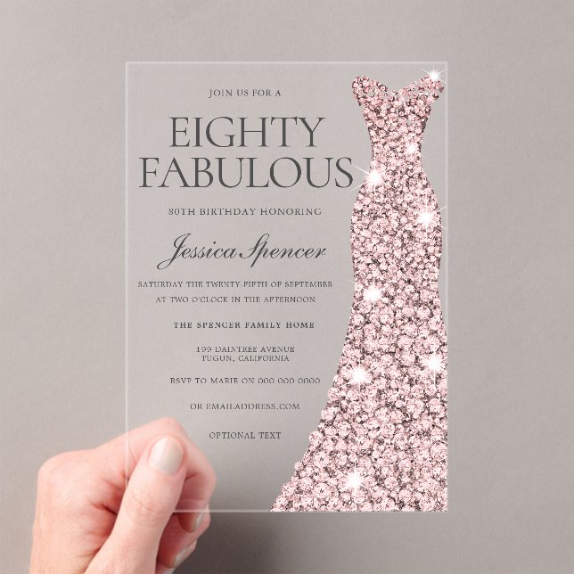 Rose Gold Sparkle Dress 80th Birthday Acrylic Invitations (Insitu (Handheld))