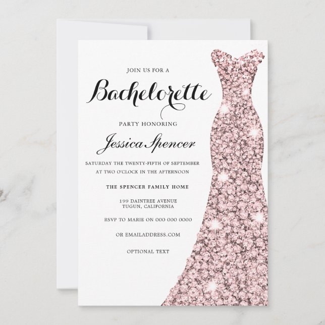 Rose Gold Sparkle Dress Bachelorette Party Invite (Front)