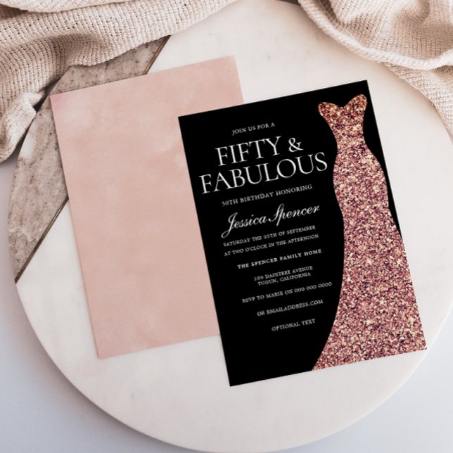 Rose Gold Sparkle Dress Black 50th Birthday Party Invitation (Creator Uploaded)