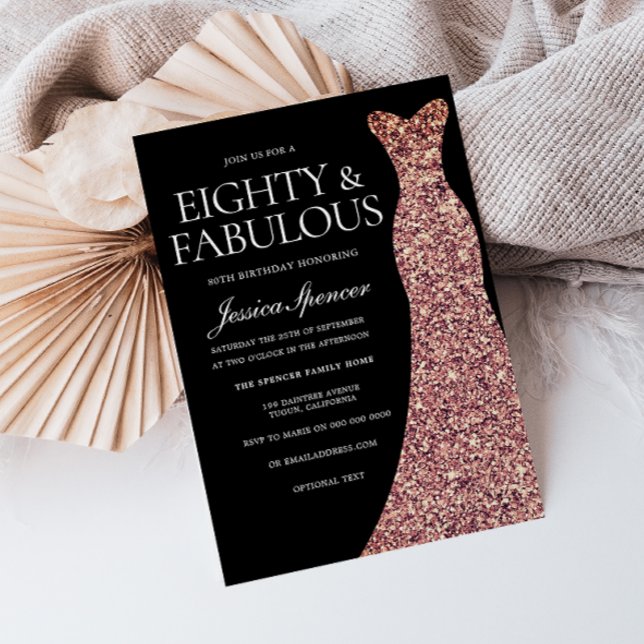 Rose Gold Sparkle Dress Black 80th Birthday Party Invitation (Creator Uploaded)