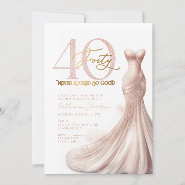 Rose Gold Sparkle Dress Blush 40th Birthday Party Invitation (Front)