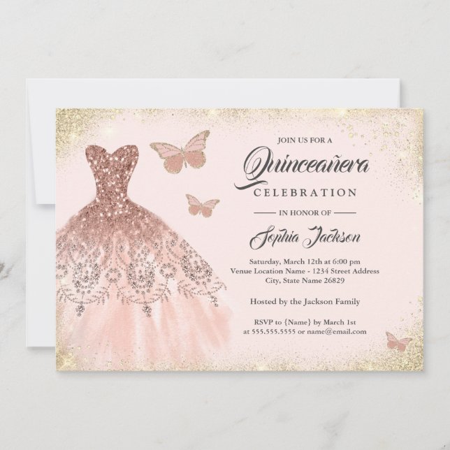 Rose Gold Sparkle Dress Butterfly Quinceanera Invi Invitation (Front)