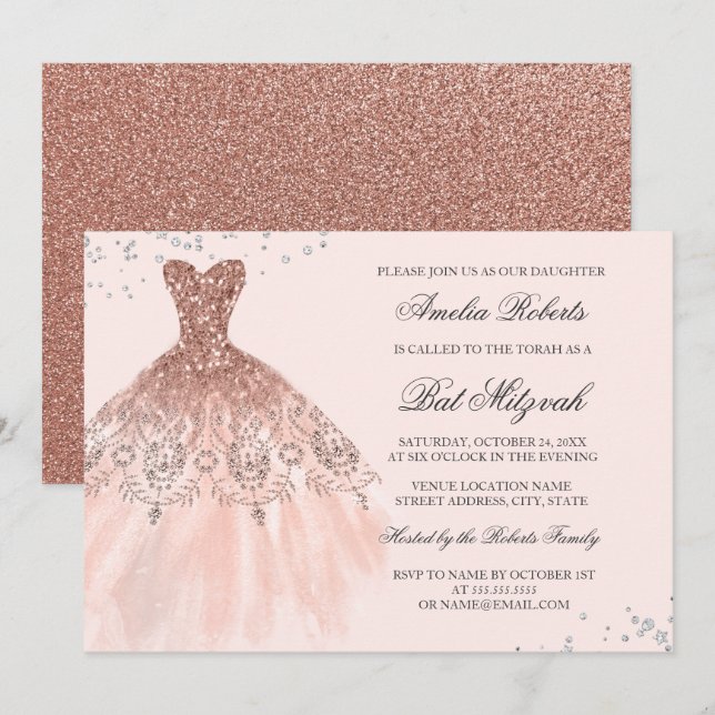 Rose Gold Sparkle Dress Diamond Bat Mitzvah Invitation (Front/Back)
