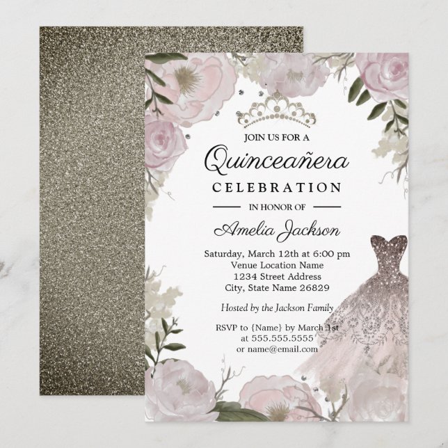 Rose Gold Sparkle Dress Floral Quinceanera Invitation (Front/Back)