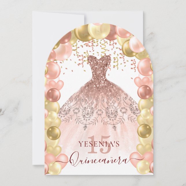 Rose Gold Sparkle Dress Quinceañera Balloon Arch Invitation (Front)