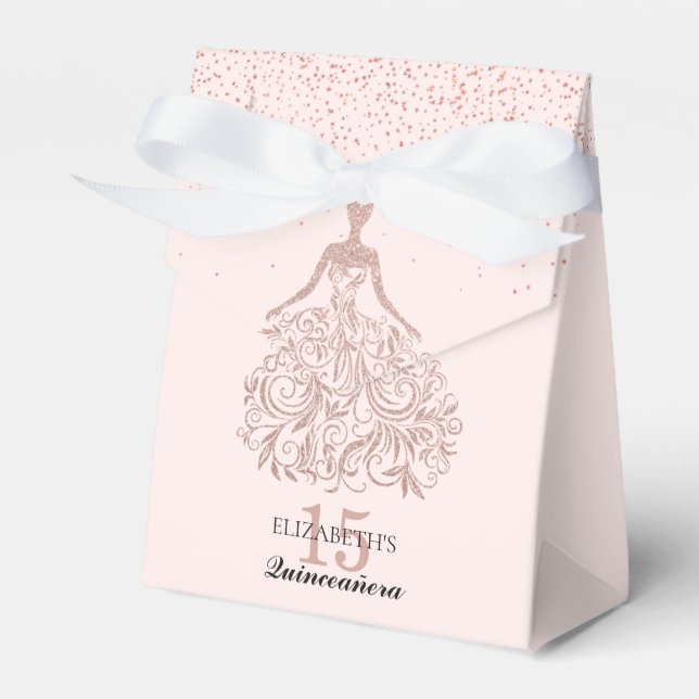 Rose Gold Sparkle Dress Quinceañera Glitter Pink Favour Box (Front Side)