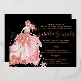 Rose Gold Sparkle Dress Quinceañera Invitation