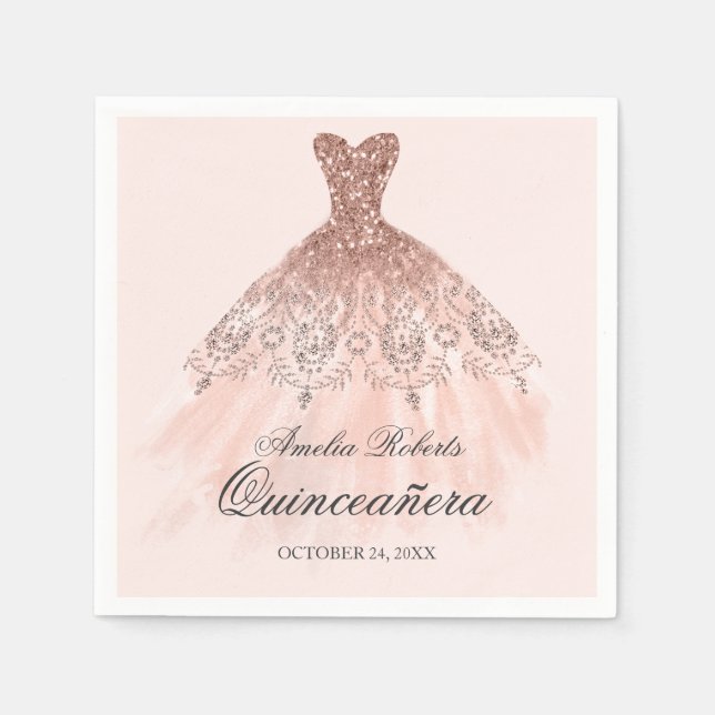 Rose Gold Sparkle Dress Quinceanera Napkin (Front)