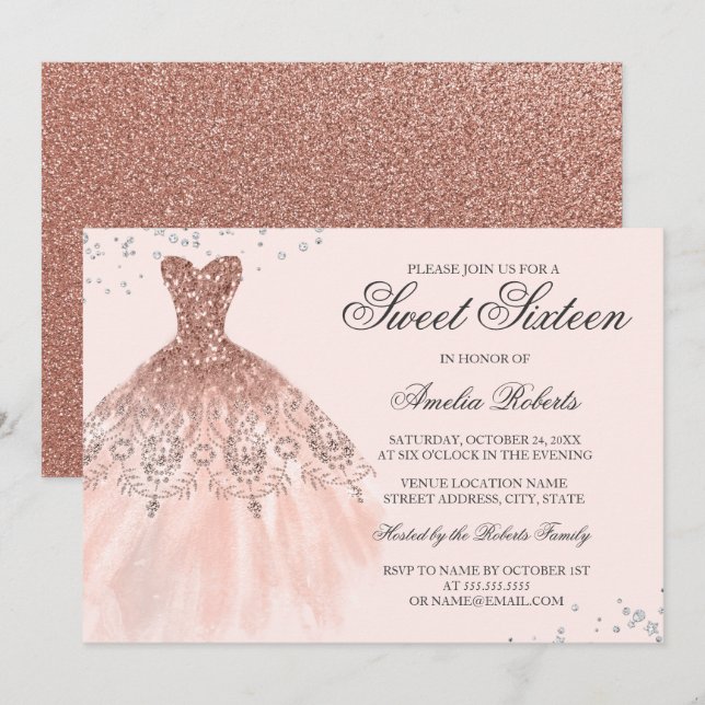Rose Gold Sparkle Dress Sweet Sixteen Invitation (Front/Back)