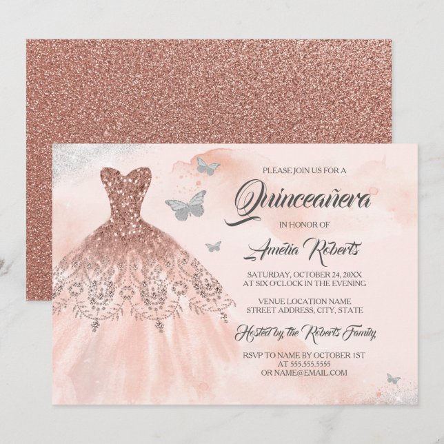 Rose Gold Sparkle Dress Watercolor Quinceanera  Invitation (Front/Back)
