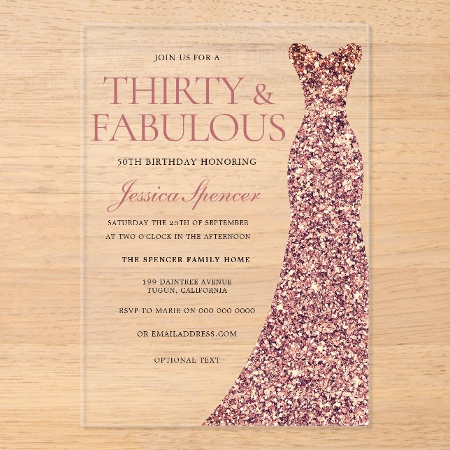 Rose Gold Sparkle Dress Womans 30th Birthday Party Acrylic Invitations (Front)