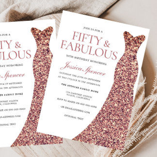 Rose Gold Sparkle Dress Womans 50th Birthday Party Invitation