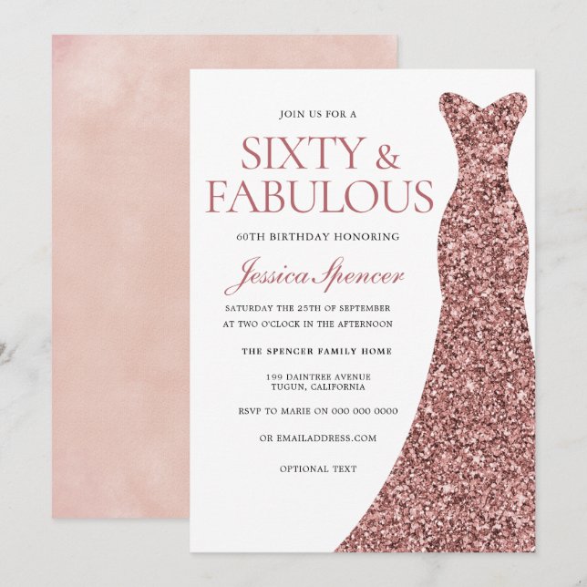 Rose Gold Sparkle Dress Womans 60th Birthday Party Invitation (Front/Back)