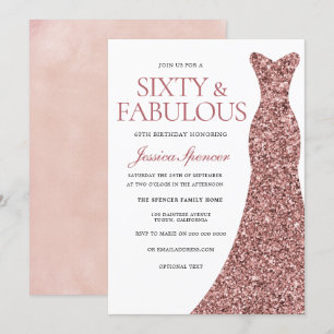 Rose Gold Sparkle Dress Womans 60th Birthday Party Invitation