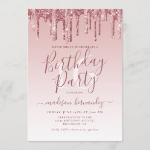 Rose Gold Sparkle Dripping Glitter 16th Birthday Invitation