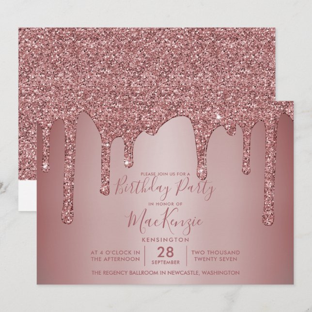 Rose Gold Sparkle Dripping Glitter Birthday Invitation (Front/Back)