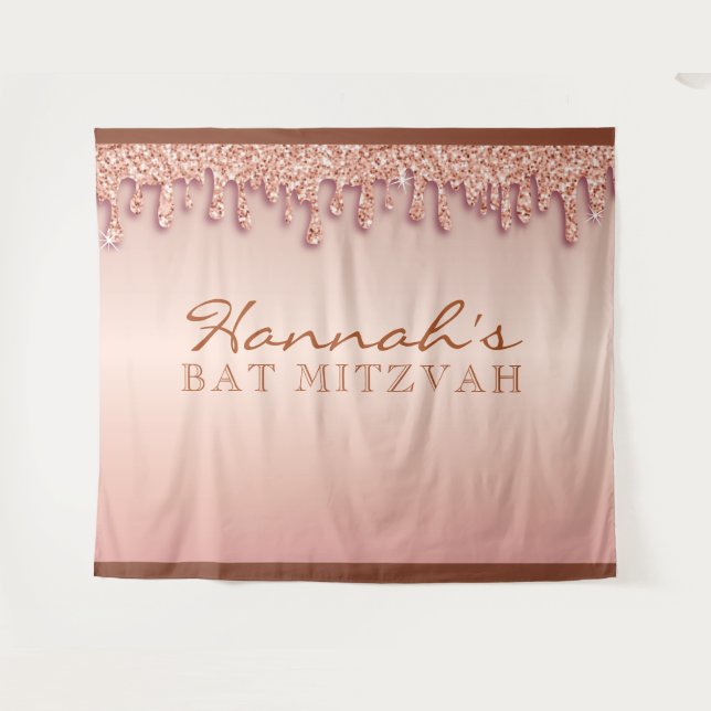 Rose Gold Sparkle Drippy Drip Bat Mitzvah Backdrop Tapestry (Front (Horizontal))