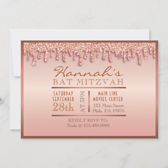 Rose Gold Sparkle Drippy Drip Bat Mitzvah Invite (Front)