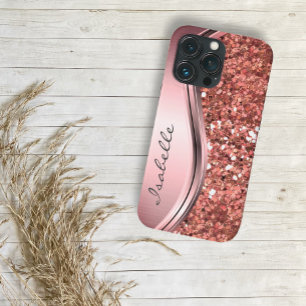 Rose Gold Sparkle Glam Bling Personalised Metal iPhone 14 Plus Case