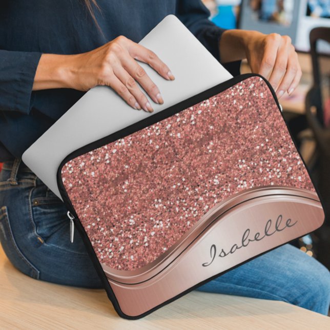 Rose Gold Sparkle Glam Bling Personalized Metal  Laptop Sleeve (Creator Uploaded)