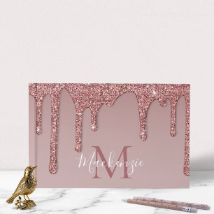 Rose Gold Sparkle Glam Glitter Drips Monogram Guest Book
