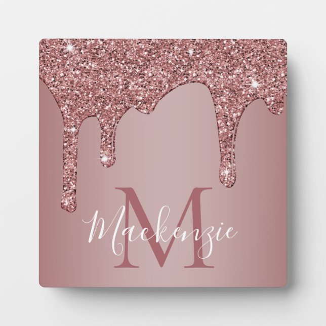 Rose Gold Sparkle Glam Glitter Drips Monogram Plaque (Front)