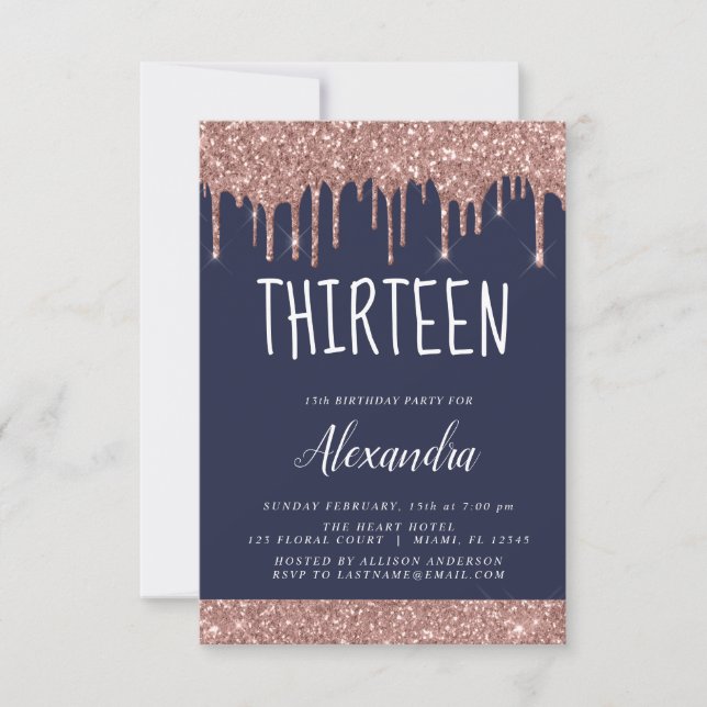Rose Gold Sparkle Glitter 13th Thirteen Birthday Invitation (Front)