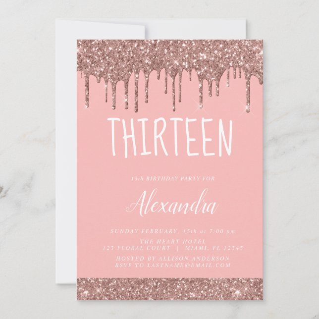 Rose Gold Sparkle Glitter 13th Thirteen Birthday Invitation (Front)