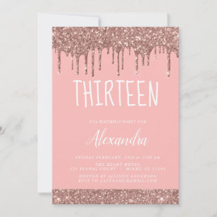 Rose Gold Sparkle Glitter 13th Thirteen Birthday Invitation