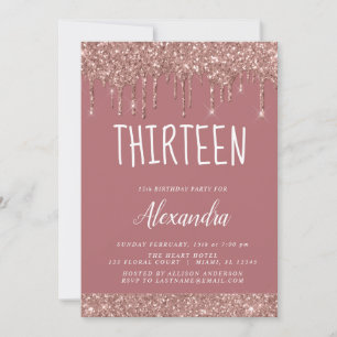 Rose Gold Sparkle Glitter 13th Thirteen Birthday Invitation