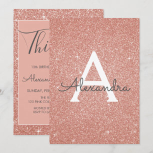Rose Gold Sparkle Glitter 13th Thirteen Birthday Invitation