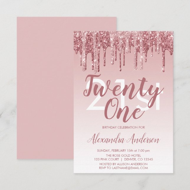 Rose Gold Sparkle Glitter 21st Birthday Party Invitation (Front/Back)