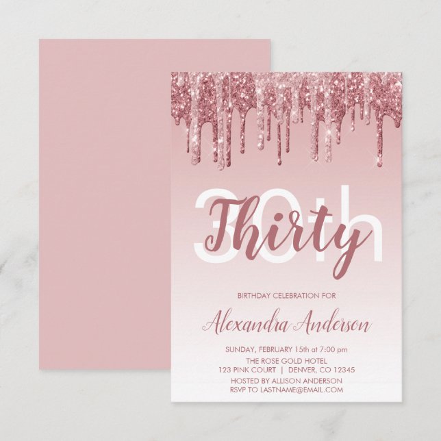 Rose Gold Sparkle Glitter 30th Birthday Party Invitation (Front/Back)