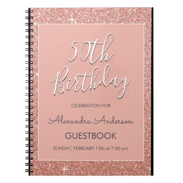 Rose Gold Sparkle Glitter 50th Birthday Guestbook Notebook (Front)