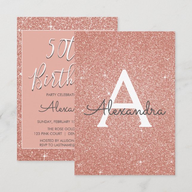 Rose Gold Sparkle Glitter 50th Birthday Party Invitation (Front/Back)