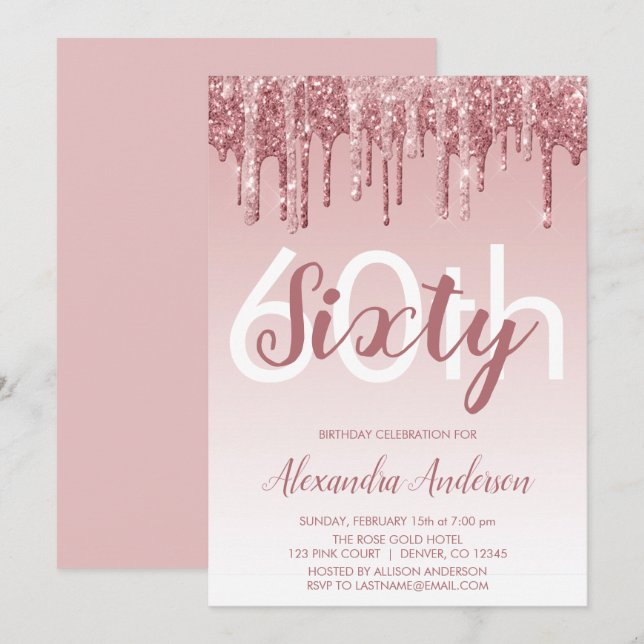 Rose Gold Sparkle Glitter 60th Birthday Party Invitation (Front/Back)