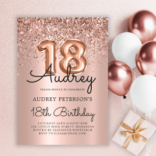 Rose Gold Sparkle Glitter Balloon 18th Birthday  Invitation