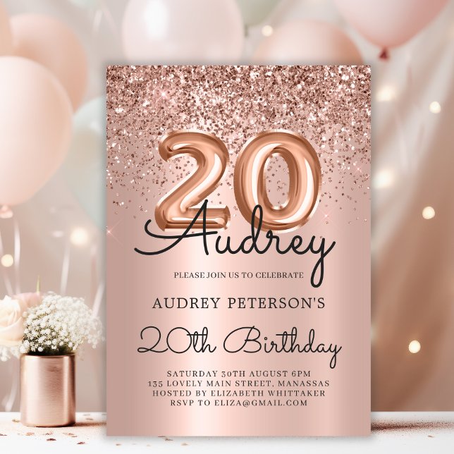 Rose Gold Sparkle Glitter Balloon 20th Birthday  Invitation (Creator Uploaded)