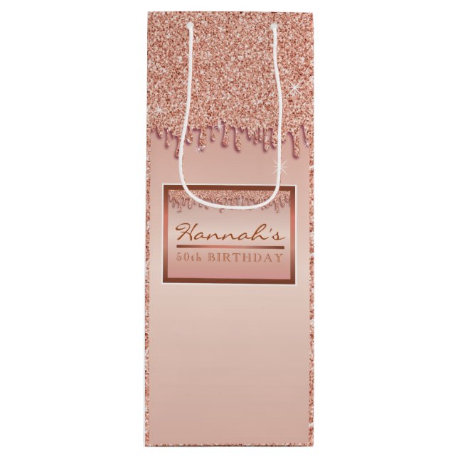 Rose Gold Sparkle Glitter Drip Birthday Gift Box Wine Gift Bag (Front)