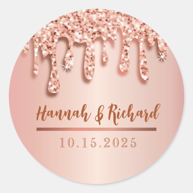 Rose Gold Sparkle Glitter Drip Wedding Gift Classic Round Sticker (Front)