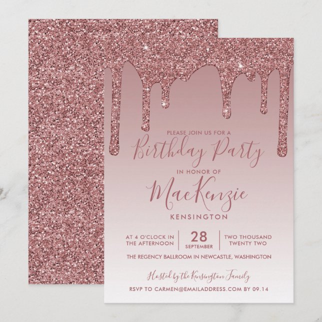 Rose Gold Sparkle Glitter Drips Any Year Birthday  Invitation (Front/Back)