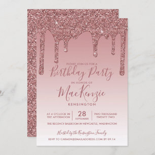 Rose Gold Sparkle Glitter Drips Any Year Birthday  Invitation