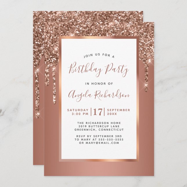 Rose Gold Sparkle Glitter Drips Birthday Party Invitation (Front/Back)