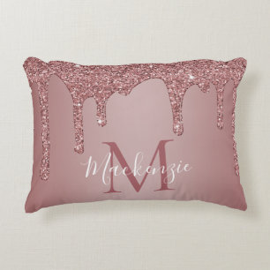 Rose Gold Sparkle Glitter Drips Monogram Baby Decorative Cushion
