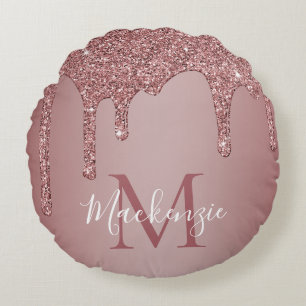 Rose Gold Sparkle Glitter Drips Monogram Baby Round Cushion