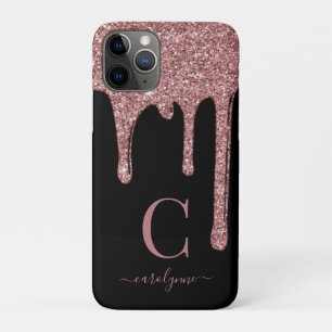 Rose Gold Sparkle Glitter Drips Monogram Black iPhone 11 Pro Case