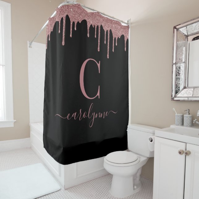 Rose Gold Sparkle Glitter Drips Monogram | Black Shower Curtain (In Situ)